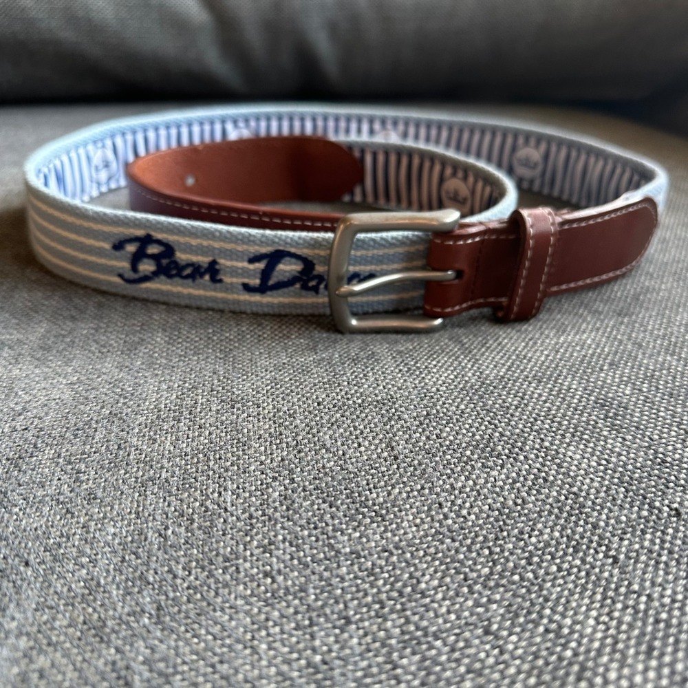 Peter Millar Bear Dance Striped Ribbon Golf Belt Leather Trim Blue White Mens